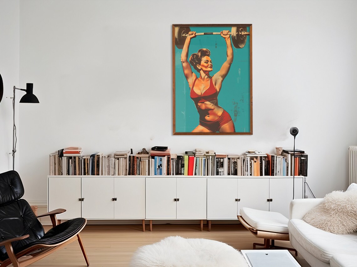 Retro Woman Lifting Barbell Teal Vintage Home Gym Fitness Wall Art - Image 2