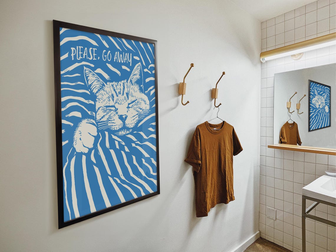 Please Go Away Funny Sleeping Tabby Cat Retro Blue Bedroom Poster - Image 3
