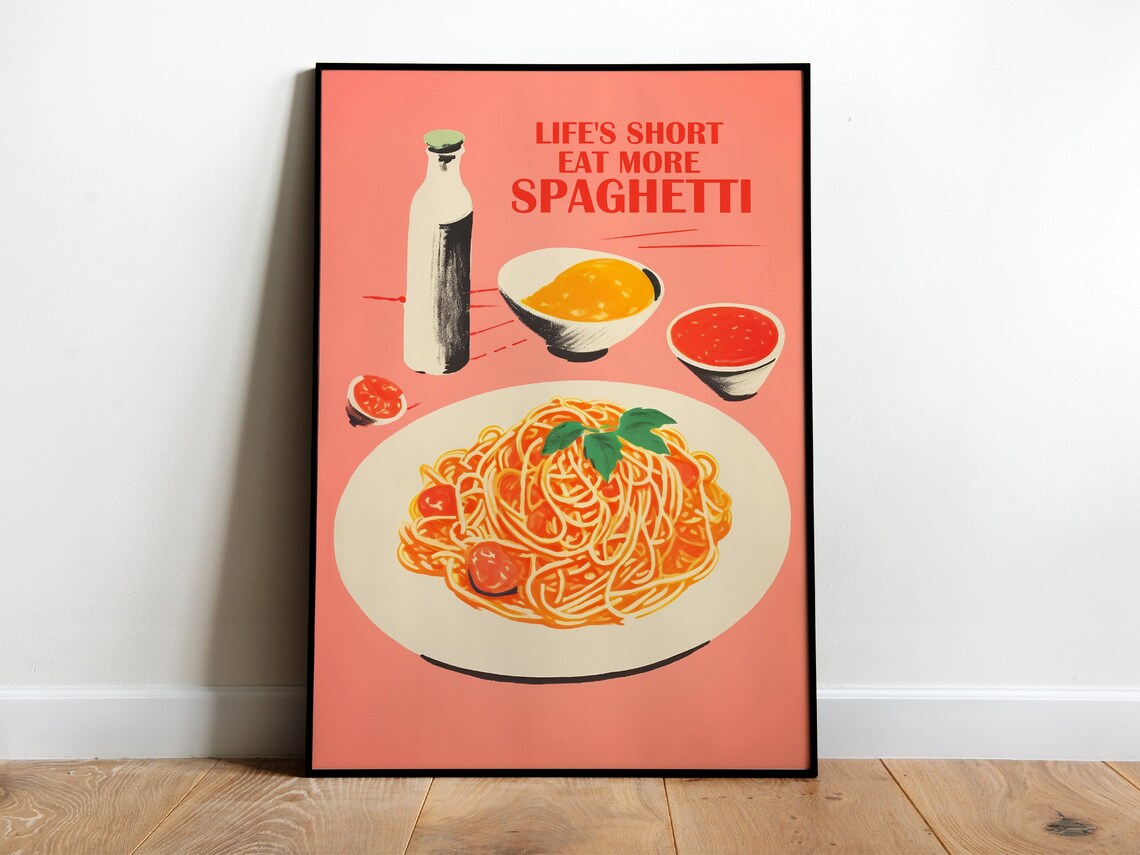 Lifes Short Eat More Spaghetti Retro Coral Italian Foodie Poster