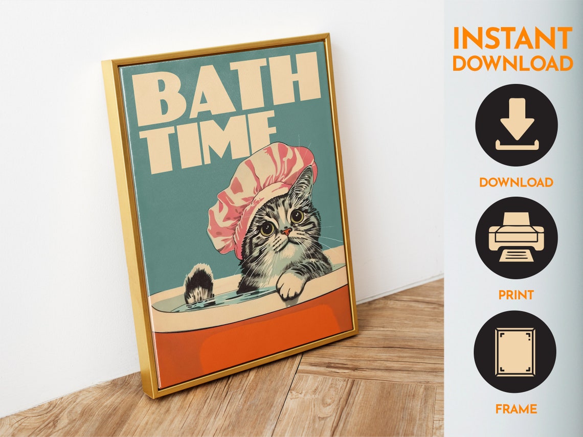 Bath Time Tabby Cat Shower Cap Cute Vintage Bathroom Decor Poster - Image 4