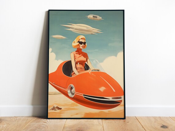 Woman In Orange Flying Car Bold Retro Futurism Sci Fi Art Poster