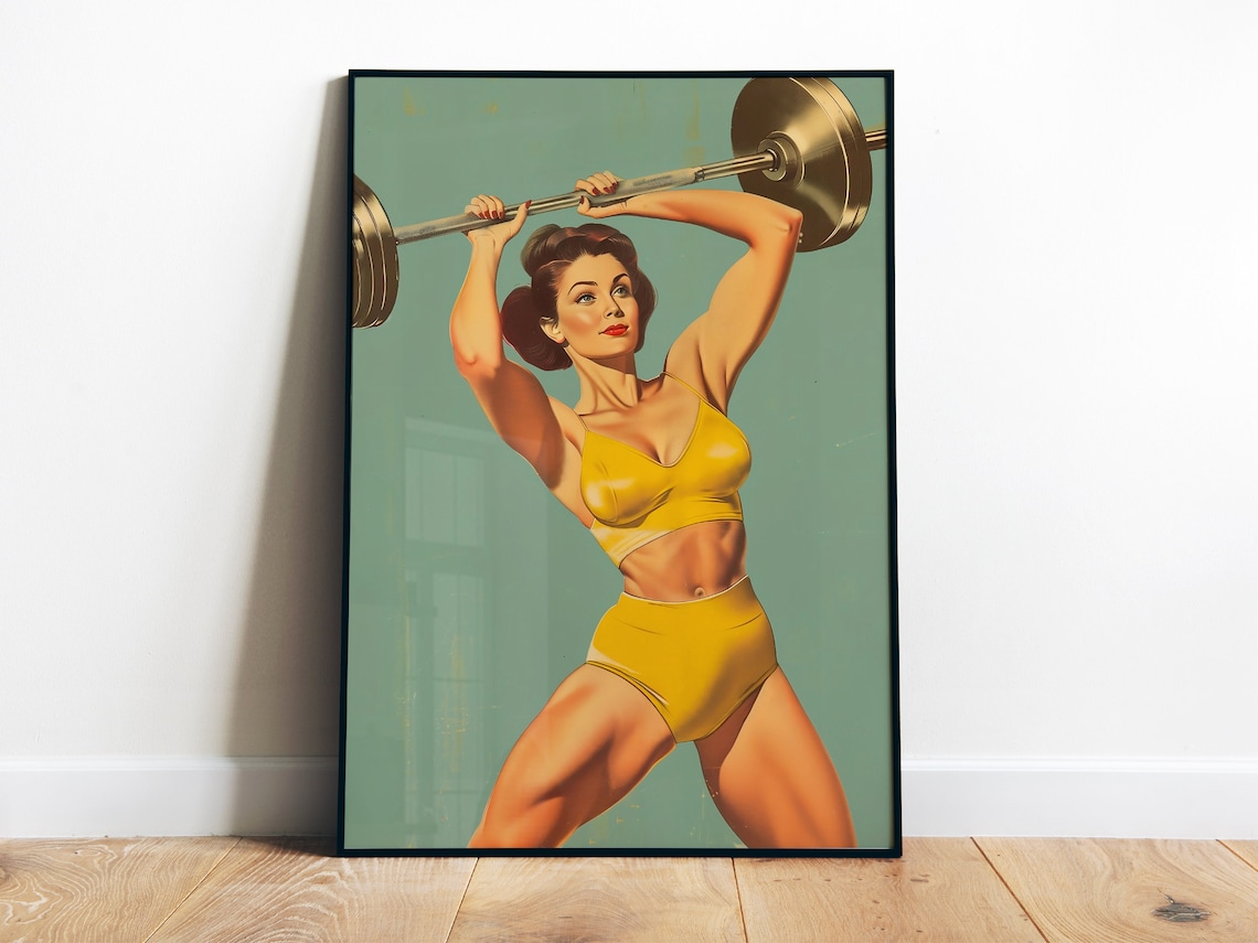 Vintage Woman Weightlifting Barbell Retro Fitness Art Poster