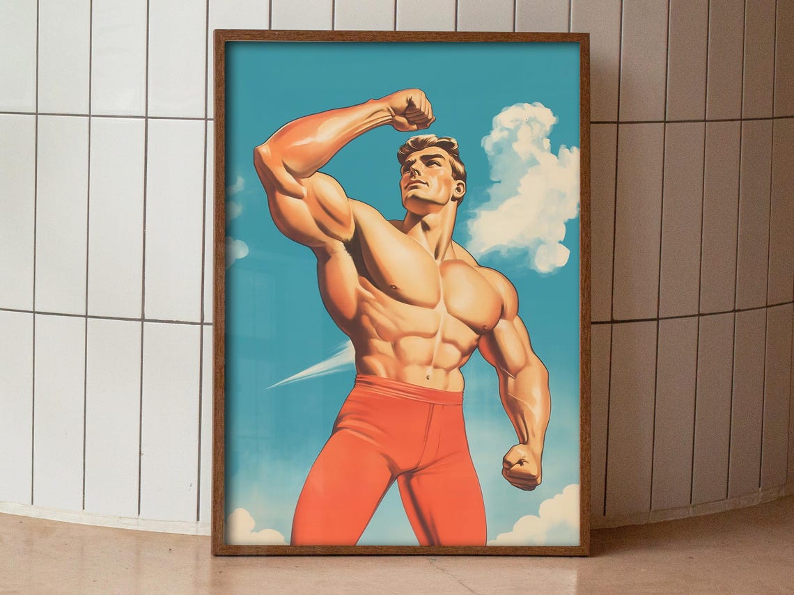 Retro Bodybuilder Man Flexing Biceps Vintage Muscle Gym Art Poster - Image 2