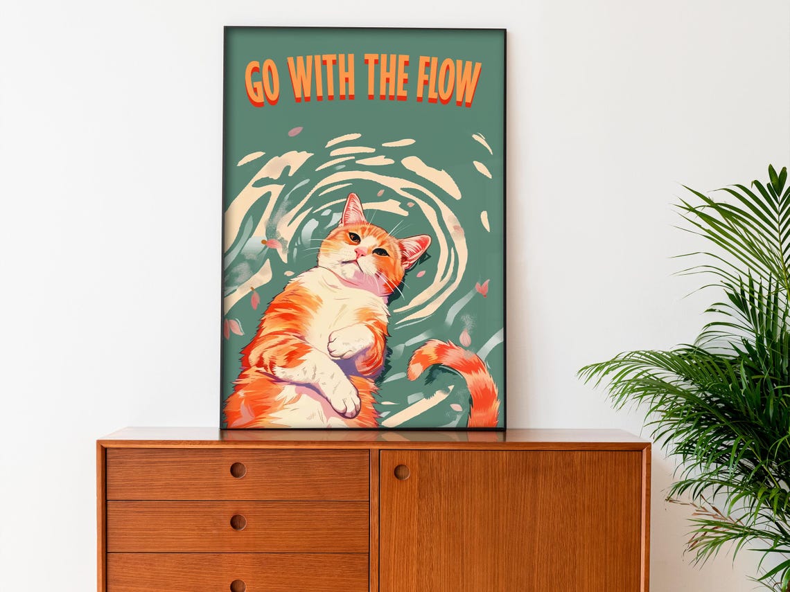 Go With The Flow Floating Orange Tabby Cat Swirls Teal Zen Poster - Image 3