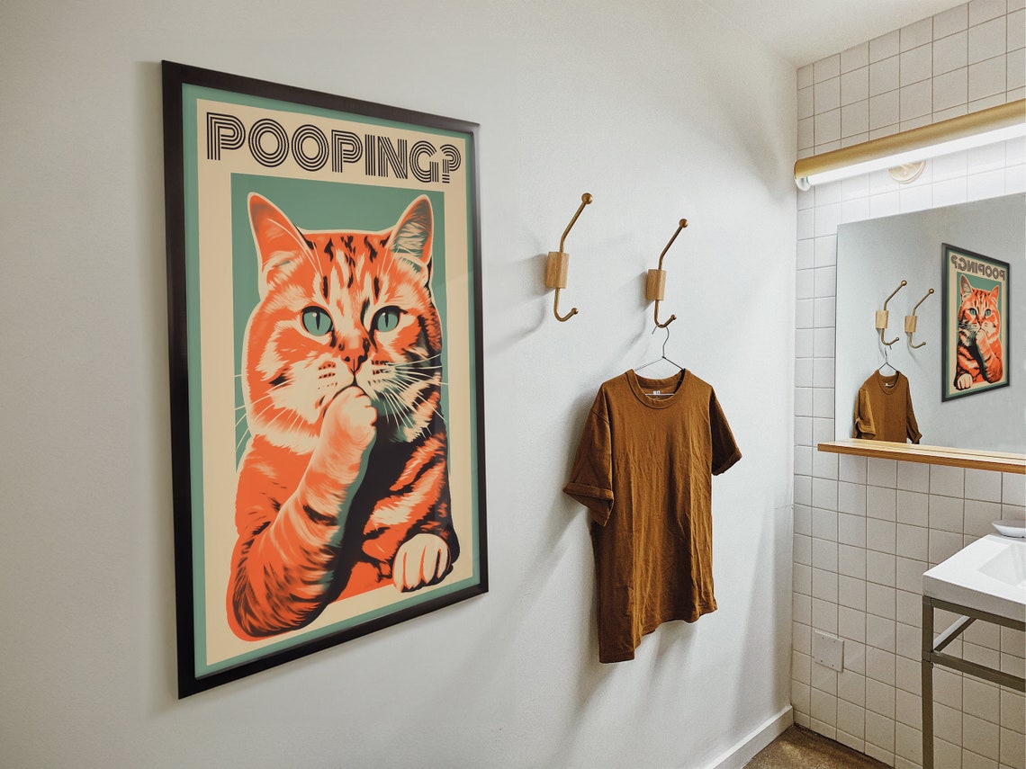 Pooping Funny Orange Tabby Cat Thinking Pose Retro Teal Frame Poster - Image 4