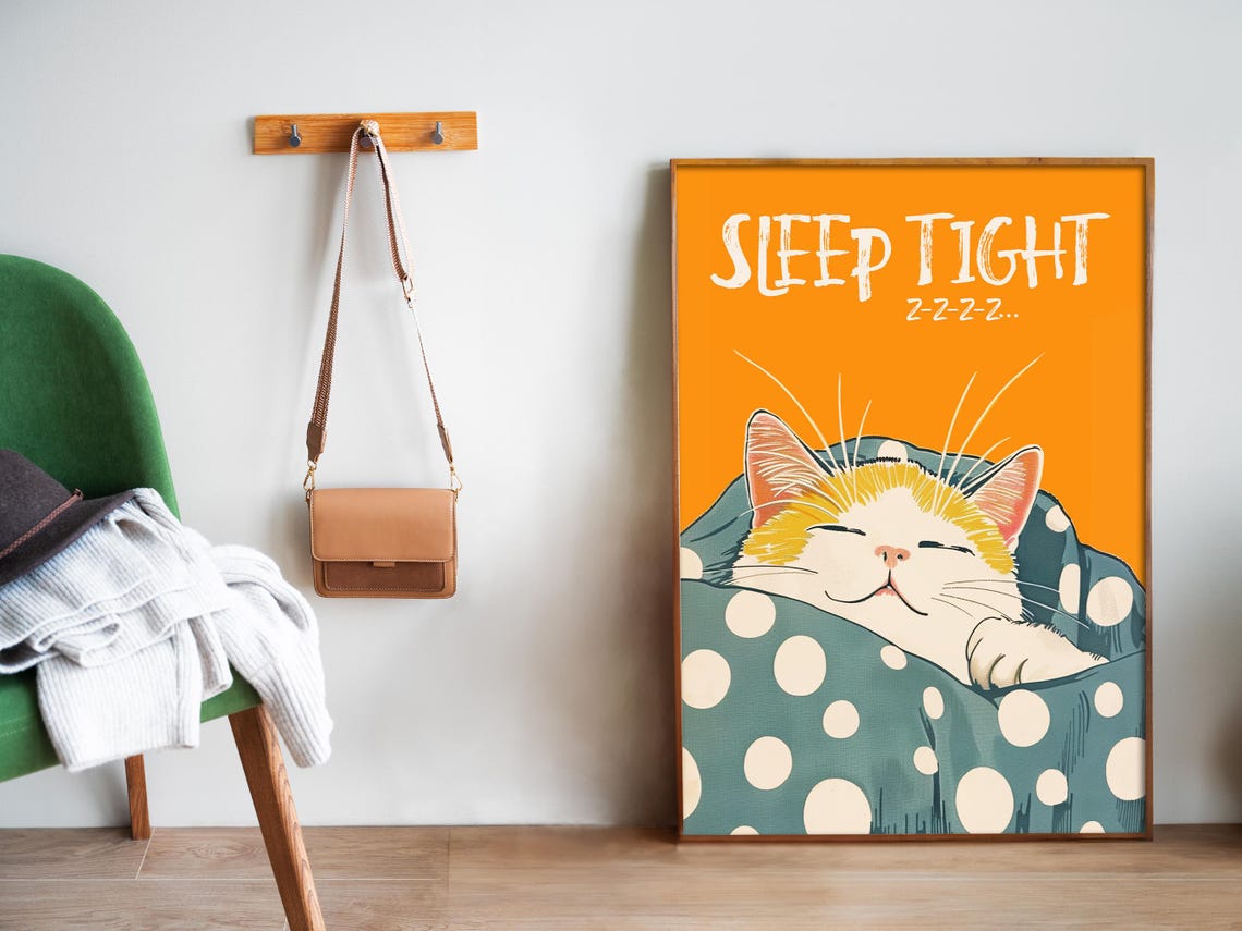 Sleep Tight Orange Cat Sleeping Polka Dot Blanket Bedroom Poster - Image 5