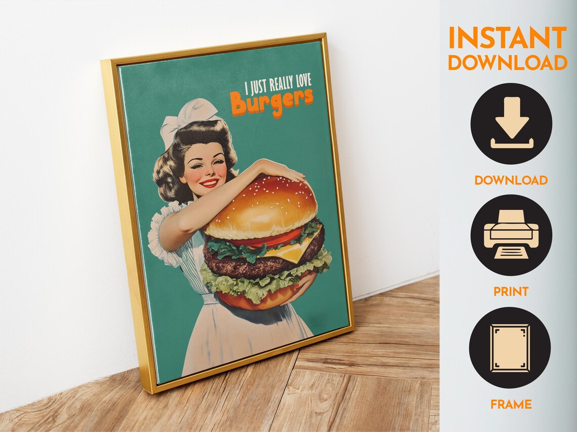 I Just Really Love Burgers Funny 50s Housewife Burger Poster - Image 6