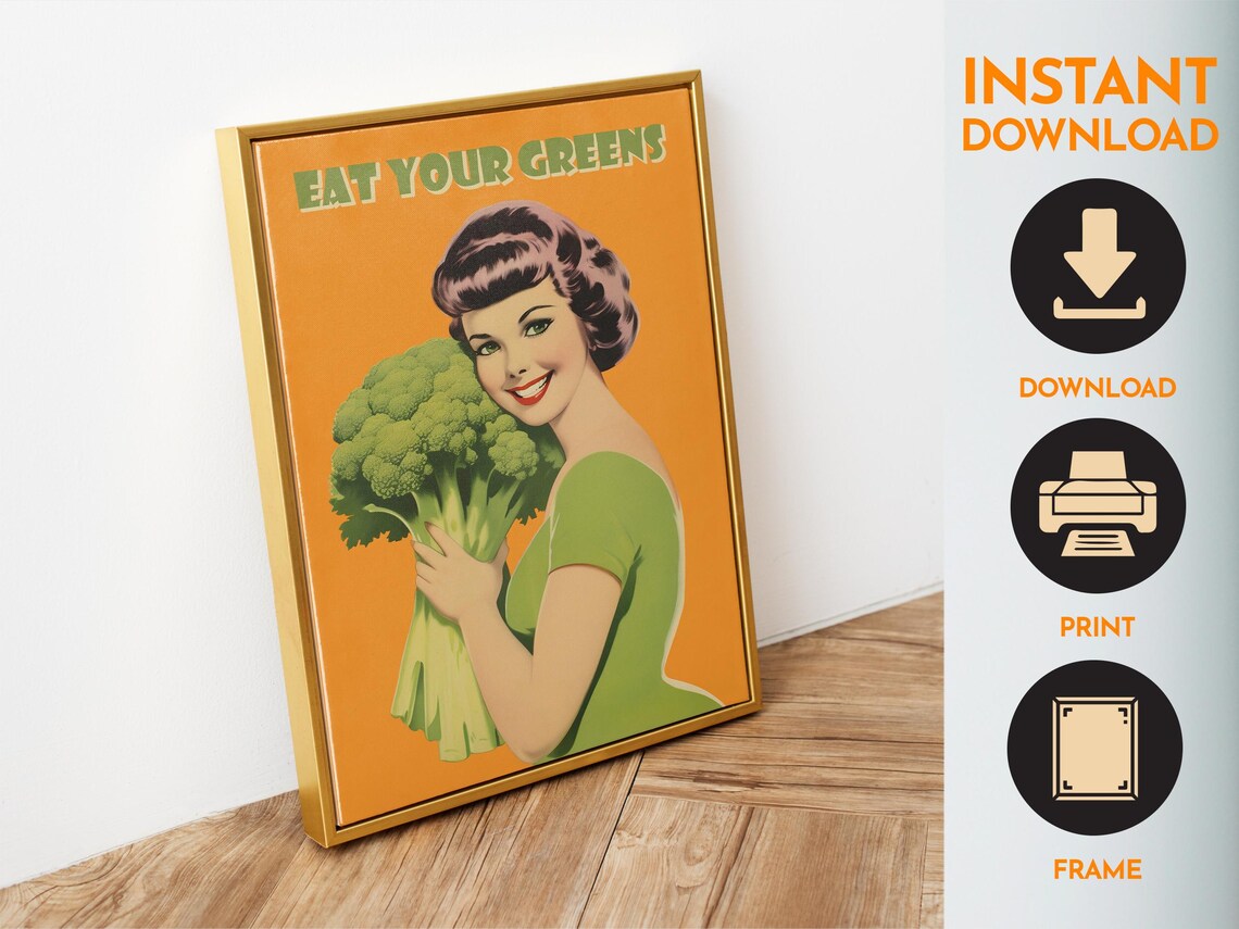 Eat Your Greens Retro Kitchen Broccoli 50s Housewife Wall Poster - Image 6