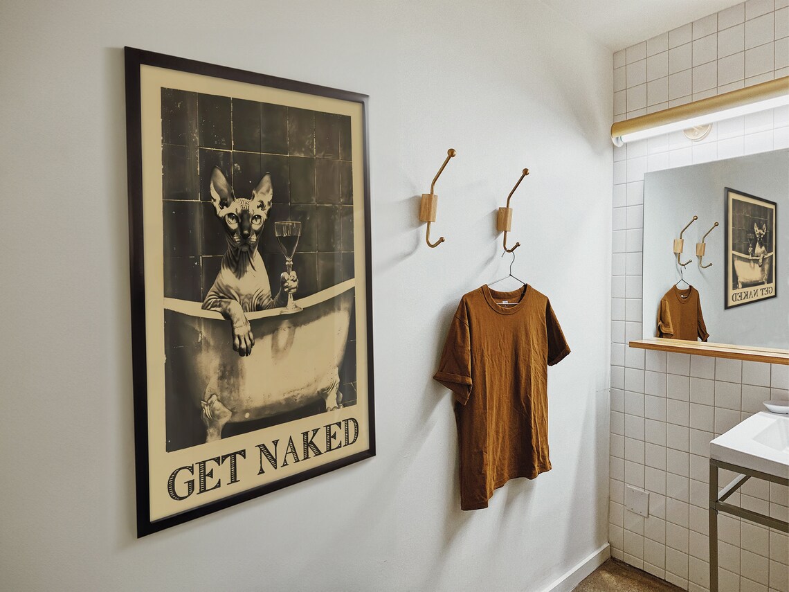Get Naked Sphynx Cat Poster, Retro Bathroom Art - Image 4