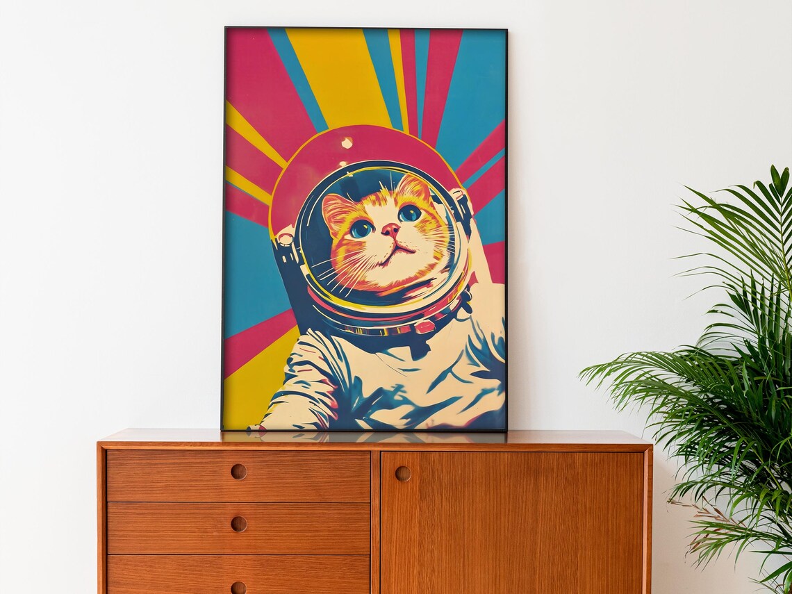 Astronaut Cat In Spacesuit Pop Art Retro Colorful Cosmic Sunburst Poster - Image 3