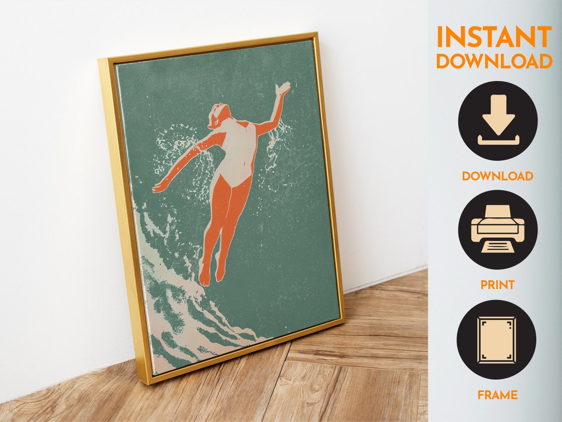 Retro Swimmer Diver Silhouette Teal Swimming Pool Art Poster - Image 6