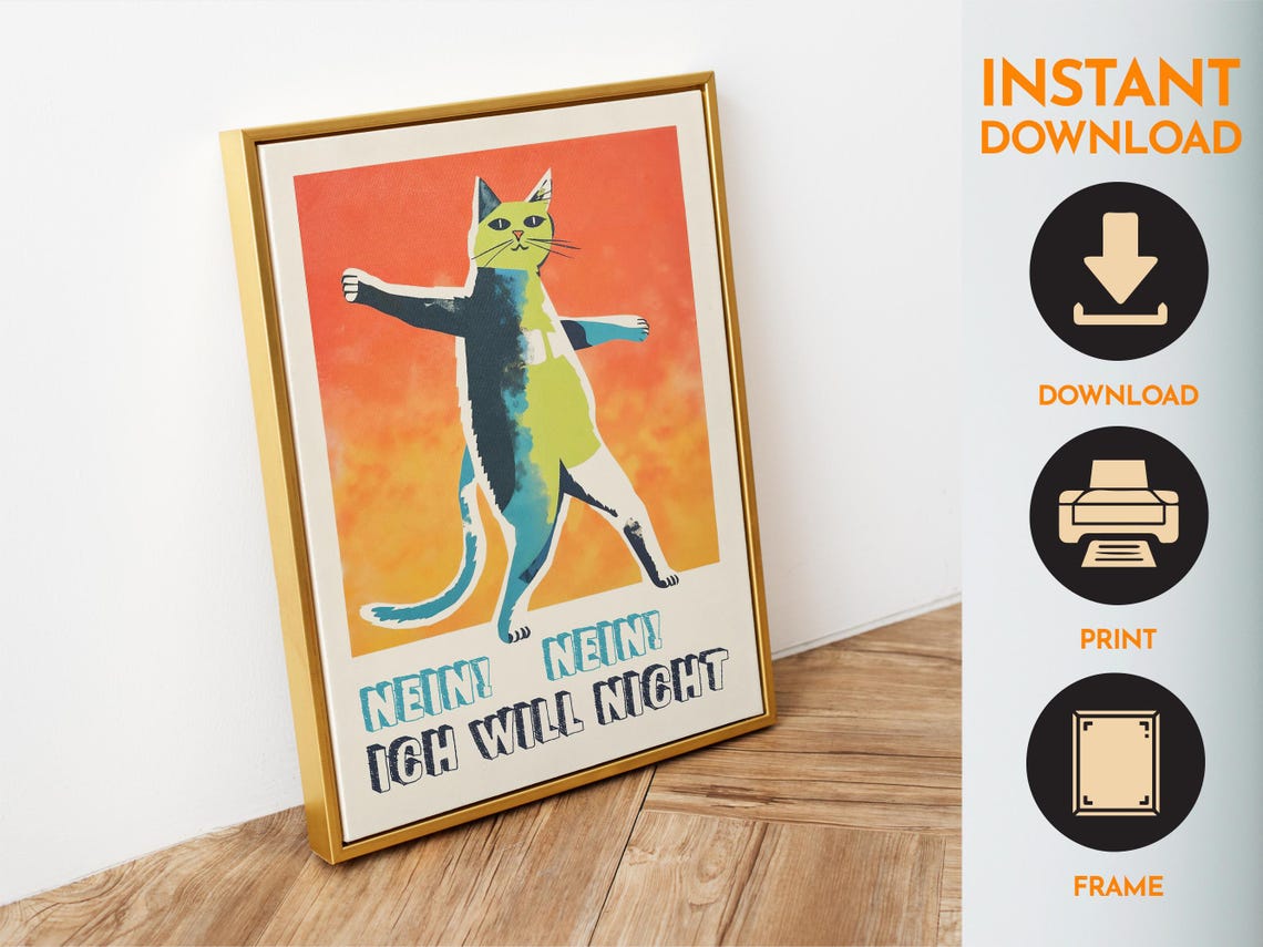 Nein Nein Ich Will Nicht Dancing Cat Orange Funny Retro German Poster - Image 6