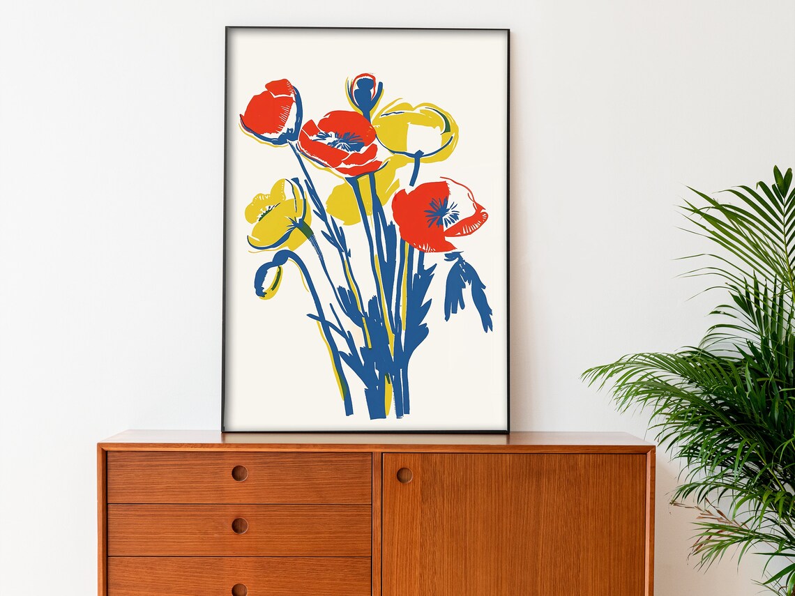 Minimalist Red and Yellow Poppies Blue Stems Modern Art Poster - Image 3