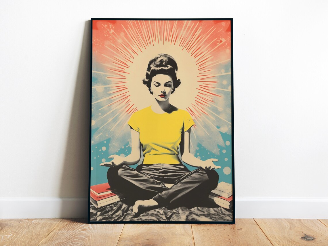Meditating Girl Retro Yoga Studio Wall Art Print