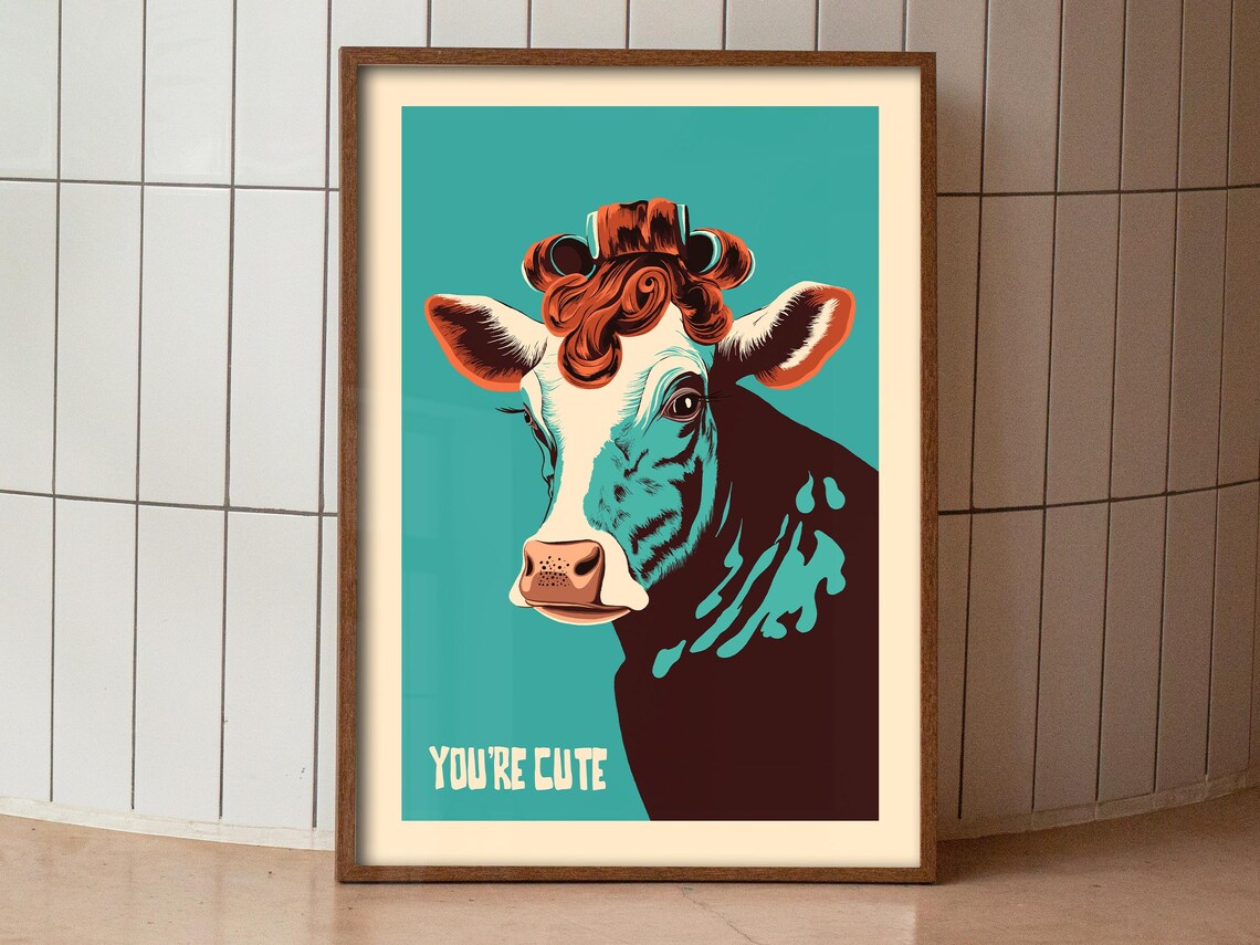 You're Cute Funny Cow Portrait Curly Hair Bathroom Art Poster - Image 3