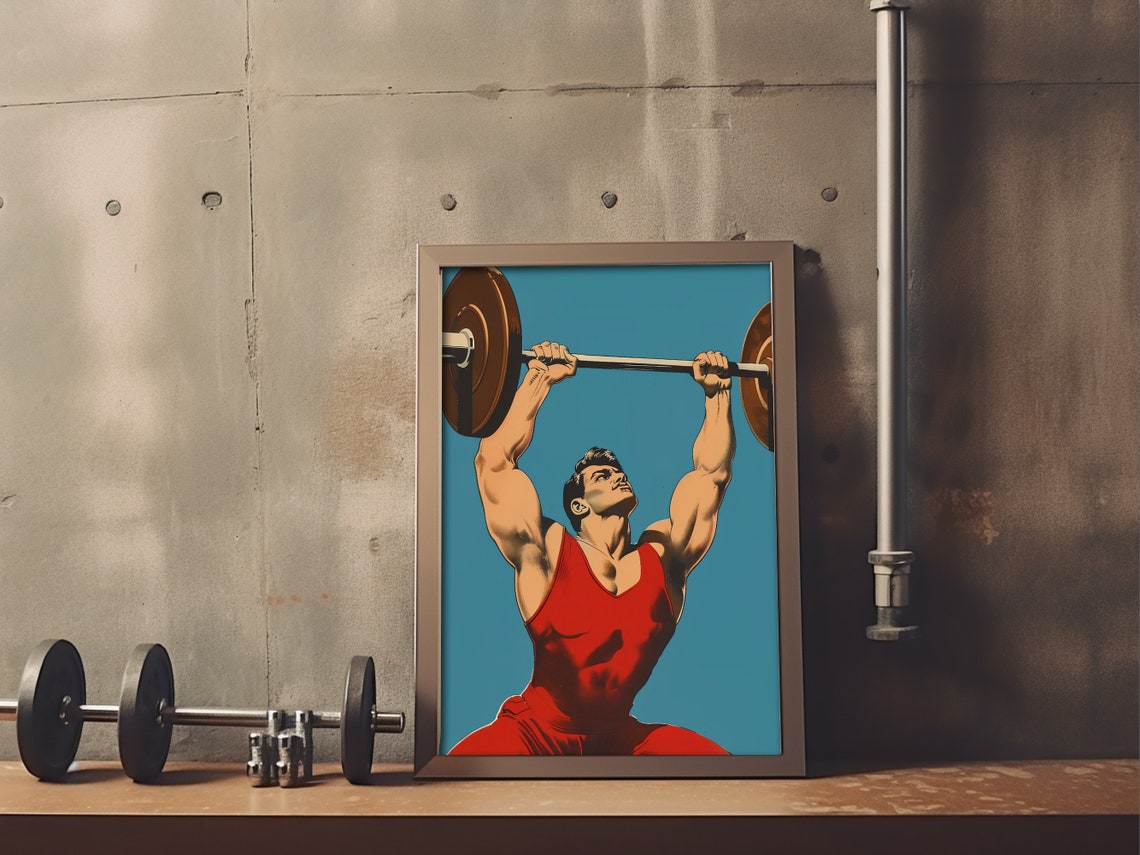 Weightlifter Lifting Barbell Overhead Vintage Strongman Art Poster - Image 4