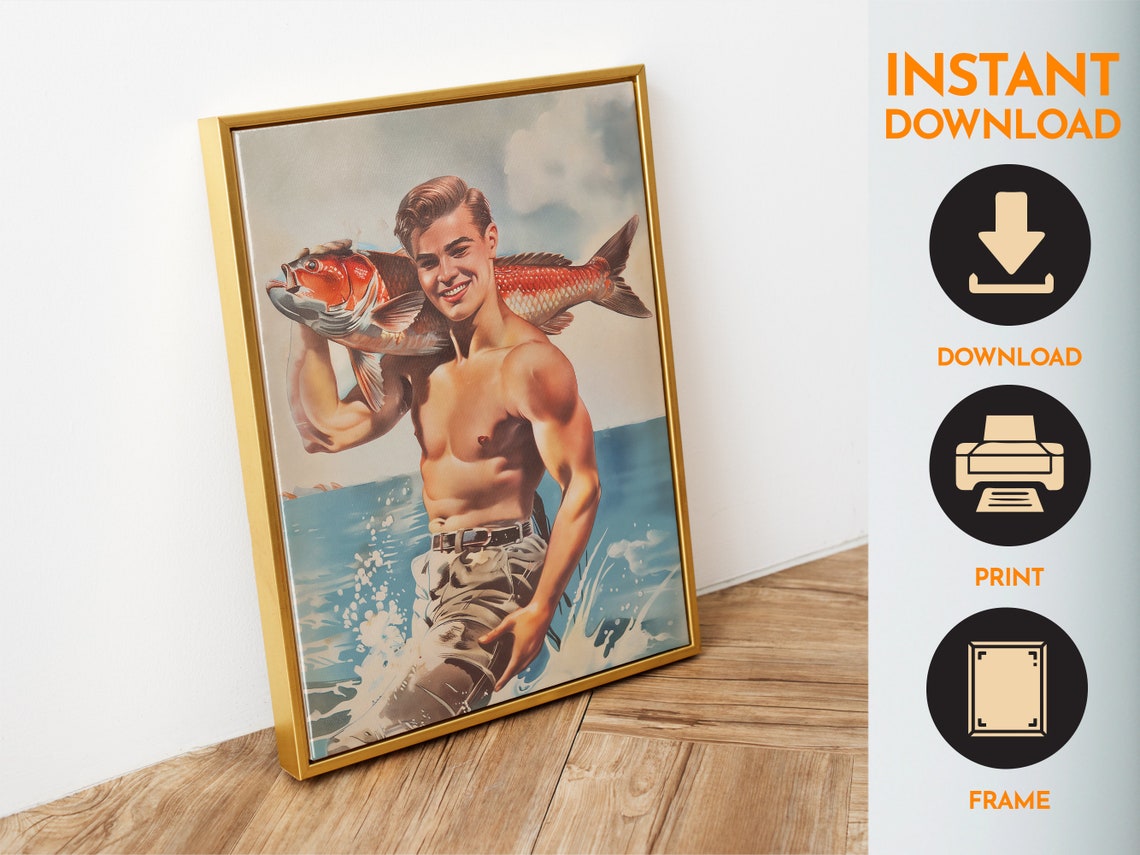 Big Catch Retro Fisherman Holding Red Fish Ocean Vintage Style Poster - Image 6