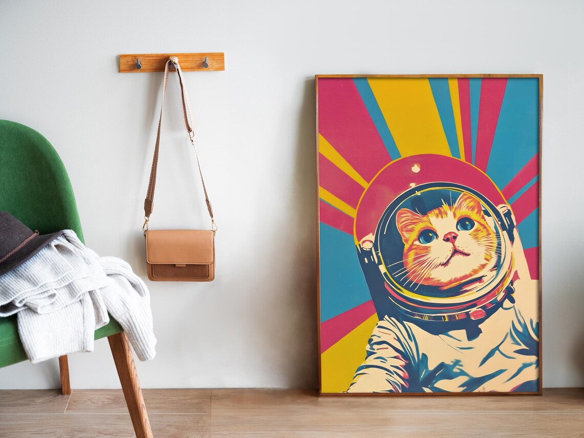 Astronaut Cat In Spacesuit Pop Art Retro Colorful Cosmic Sunburst Poster - Image 5