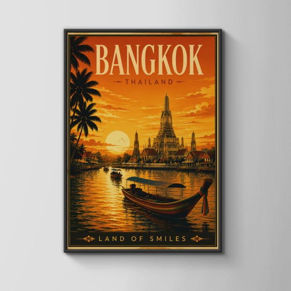 Bangkok Thailand Sunset Wall Art Land Of Smiles Poster Vintage Travel Decor Asian Landscape