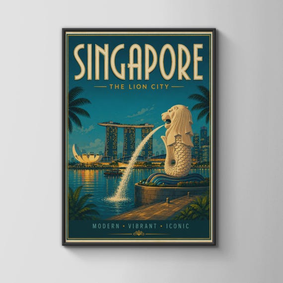 Singapore Travel Poster Merlion Retro Wall Art Lion City Vintage Print Asia Skyline Decor