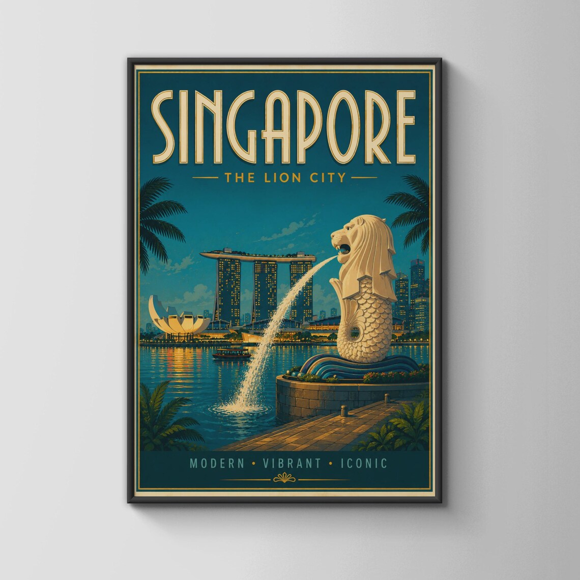 Singapore Travel Poster Merlion Lion City Marina Bay Skyline Night Art