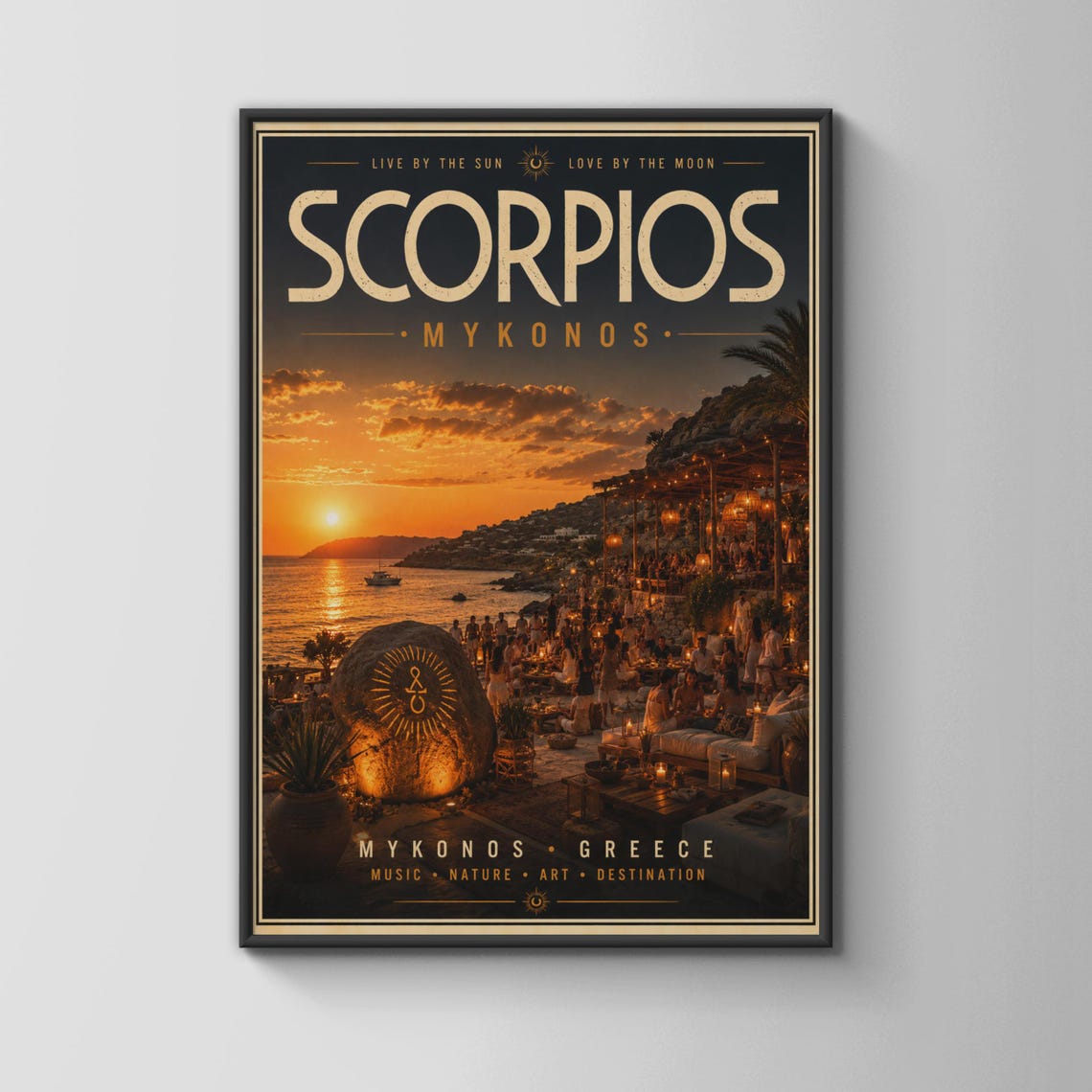 Scorpios Mykonos Greece Sunset Beach Club Scene Travel Poster