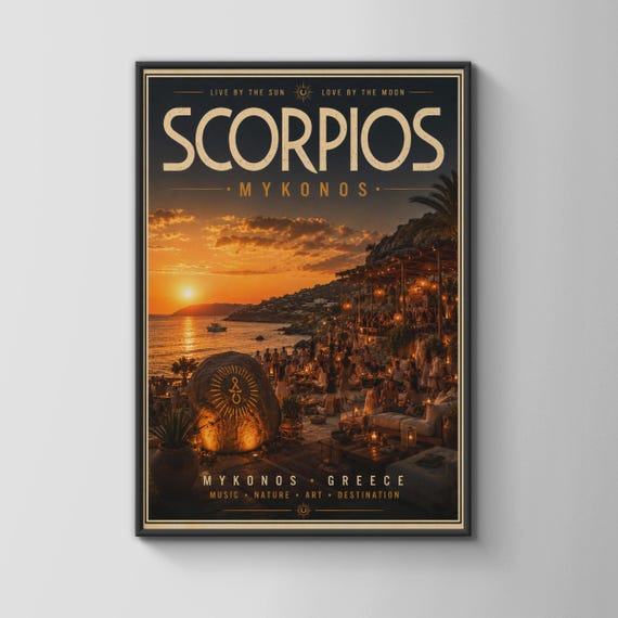 Scorpios Mykonos Art Print Sunset Wall Greek Destination Decor Music Nature Poster