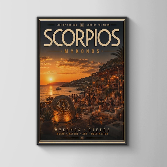Scorpios Mykonos Greece Sunset Beach Club Scene Travel Poster