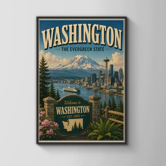 Washington State Vintage Travel Poster Seattle Space Needle Mount Rainier Wall Art Print