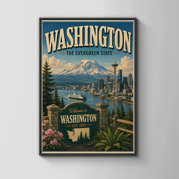 Washington The Evergreen State Vintage Travel Seattle Space Needle Poster