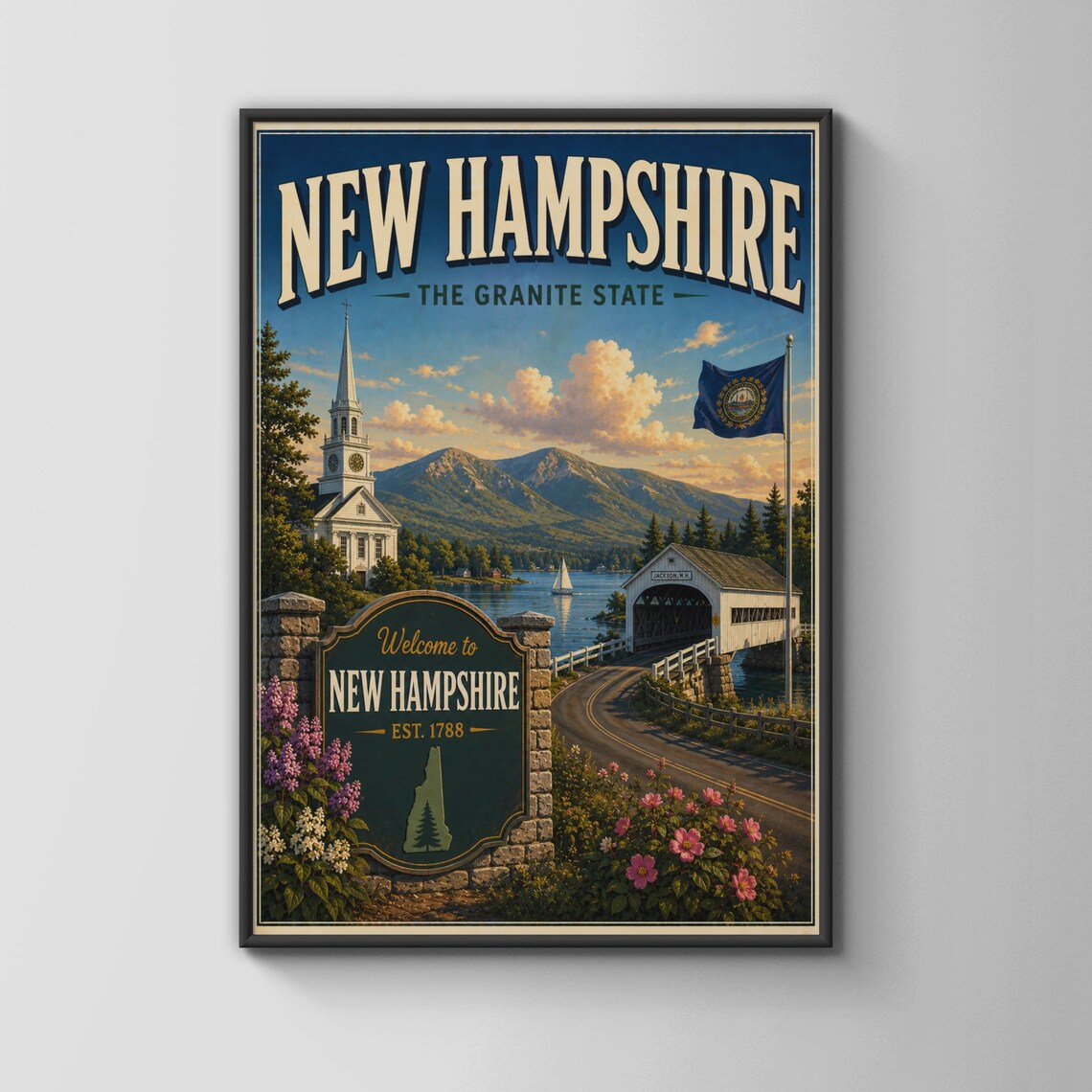 New Hampshire The Granite State Vintage Travel Covered Bridge Church Poster