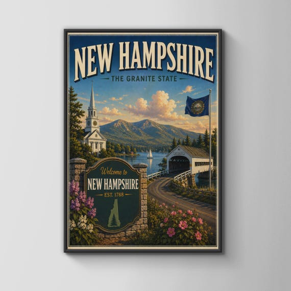 New Hampshire Poster Granite State Retro Travel Print Covered Bridge Wall Art