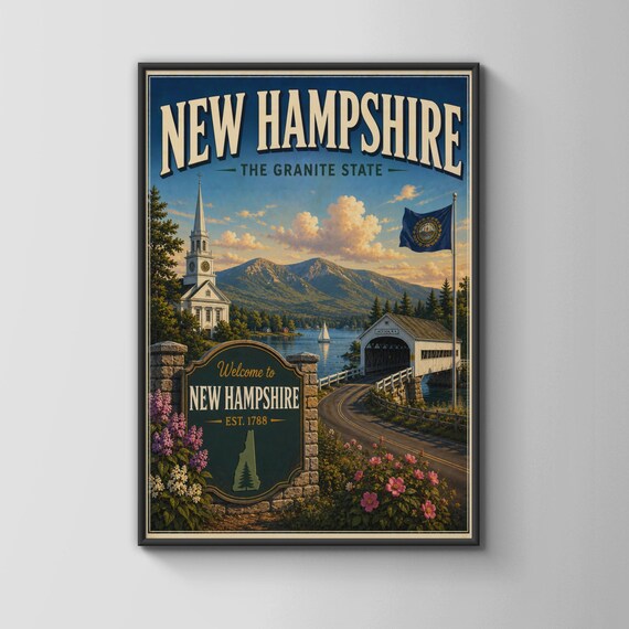 New Hampshire The Granite State Vintage Travel Covered Bridge Church Poster