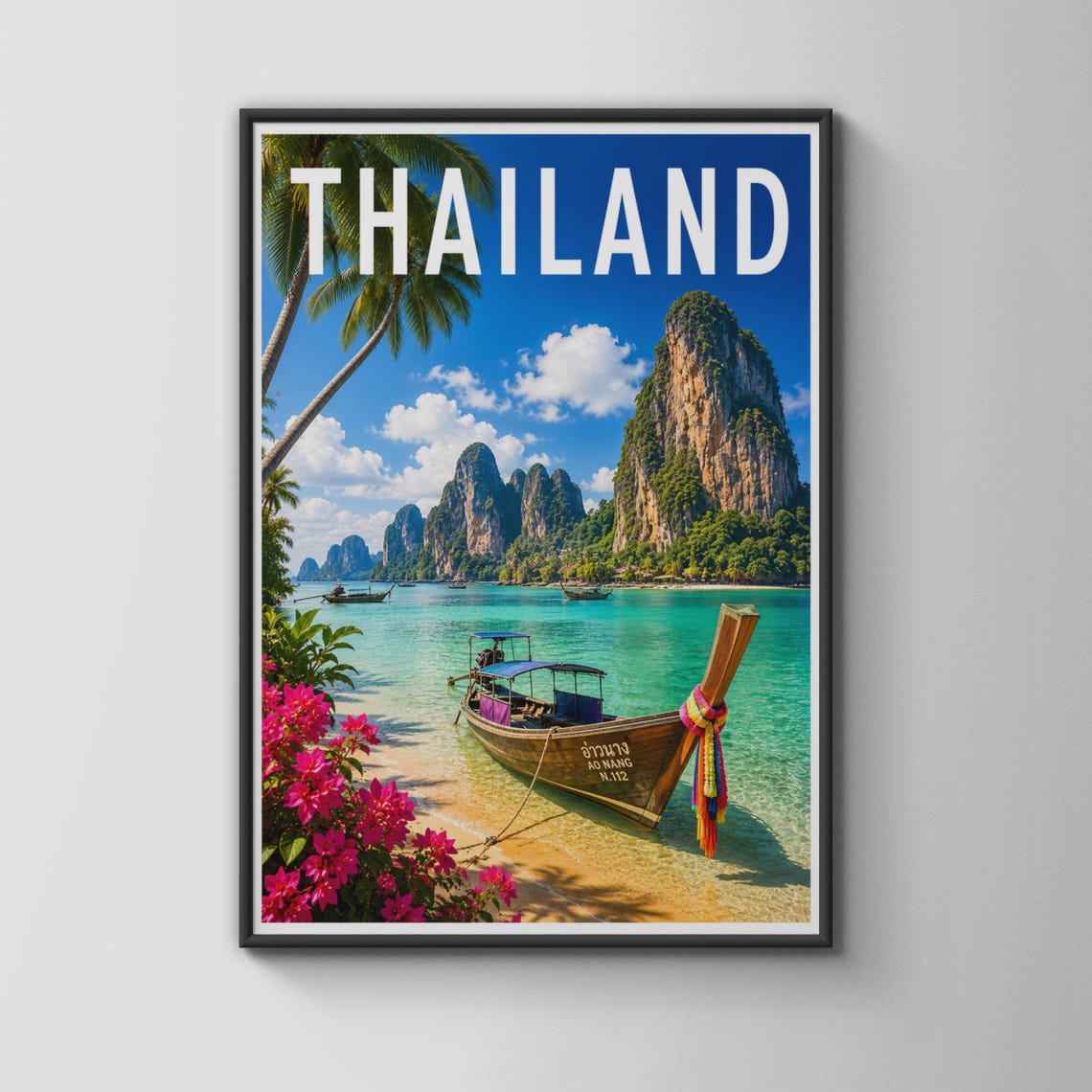 Thailand Ao Nang Longtail Boat Limestone Cliffs Travel Poster