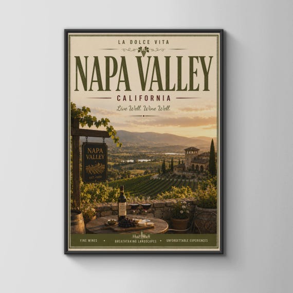 Napa Valley Vintage Poster Wine Country Art California Scenic Landscape Rustic Wall Decor Fine