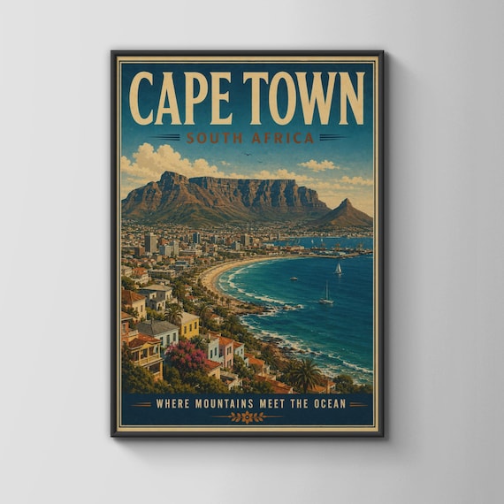 Cape Town South Africa Vintage Travel Poster Table Mountain Wall Art Print
