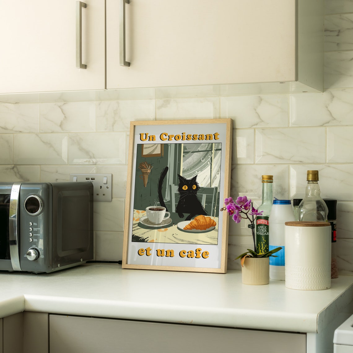 Un Croissant Et Un Cafe Black Cat French Bistro Kitchen Poster - Image 2