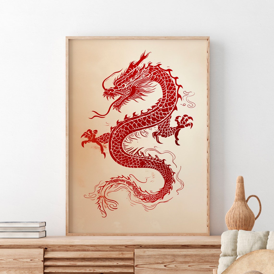 Red Chinese Dragon Line Art Minimalist Asian Style Decor Poster - Image 2