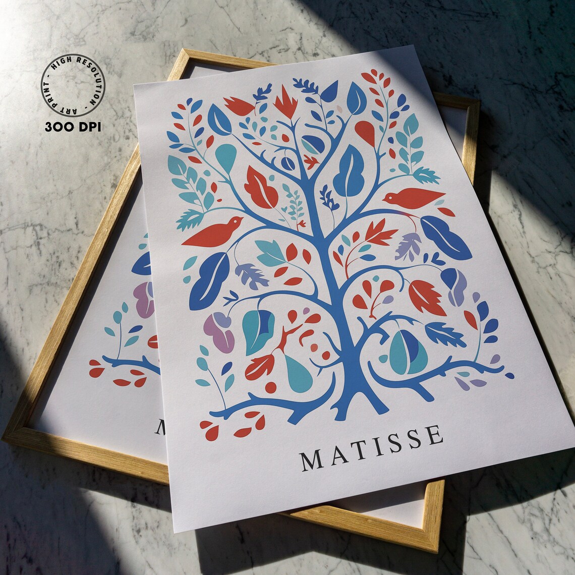 Henri Matisse Style Tree Of Life Folk Blue Red Bird Art Poster - Image 2