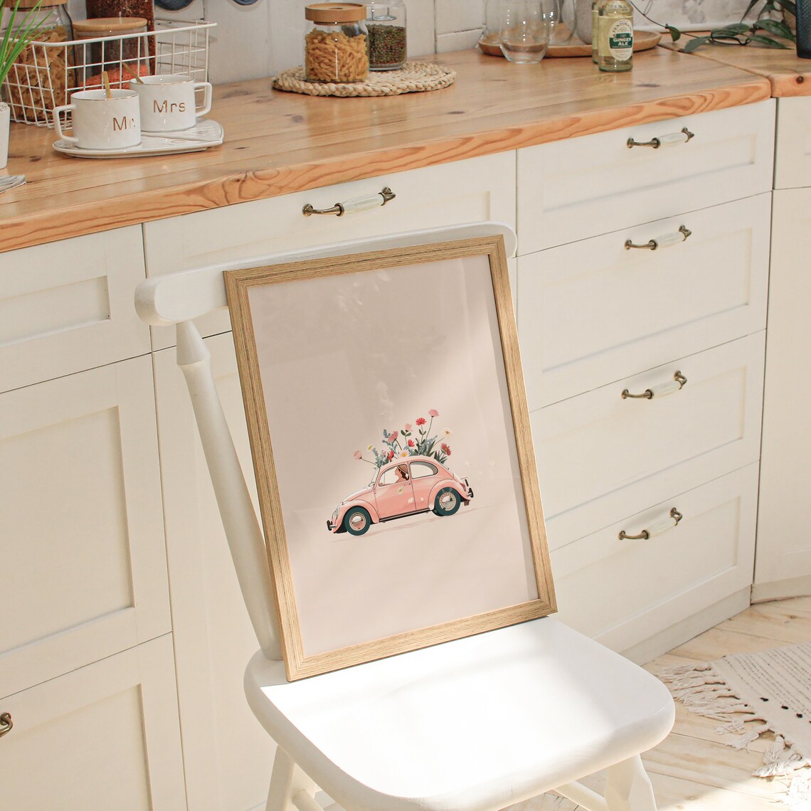 Pink Beetle With Flowers Minimalist Retro Car Girls Room Poster - Image 3