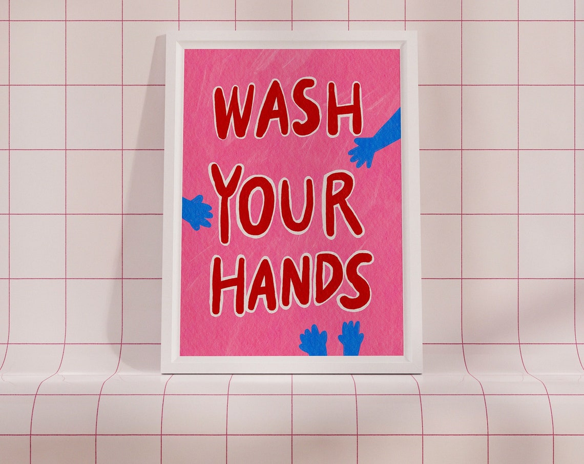 Wash Your Hands Groovy Retro Typography Pink Bathroom Wall Print