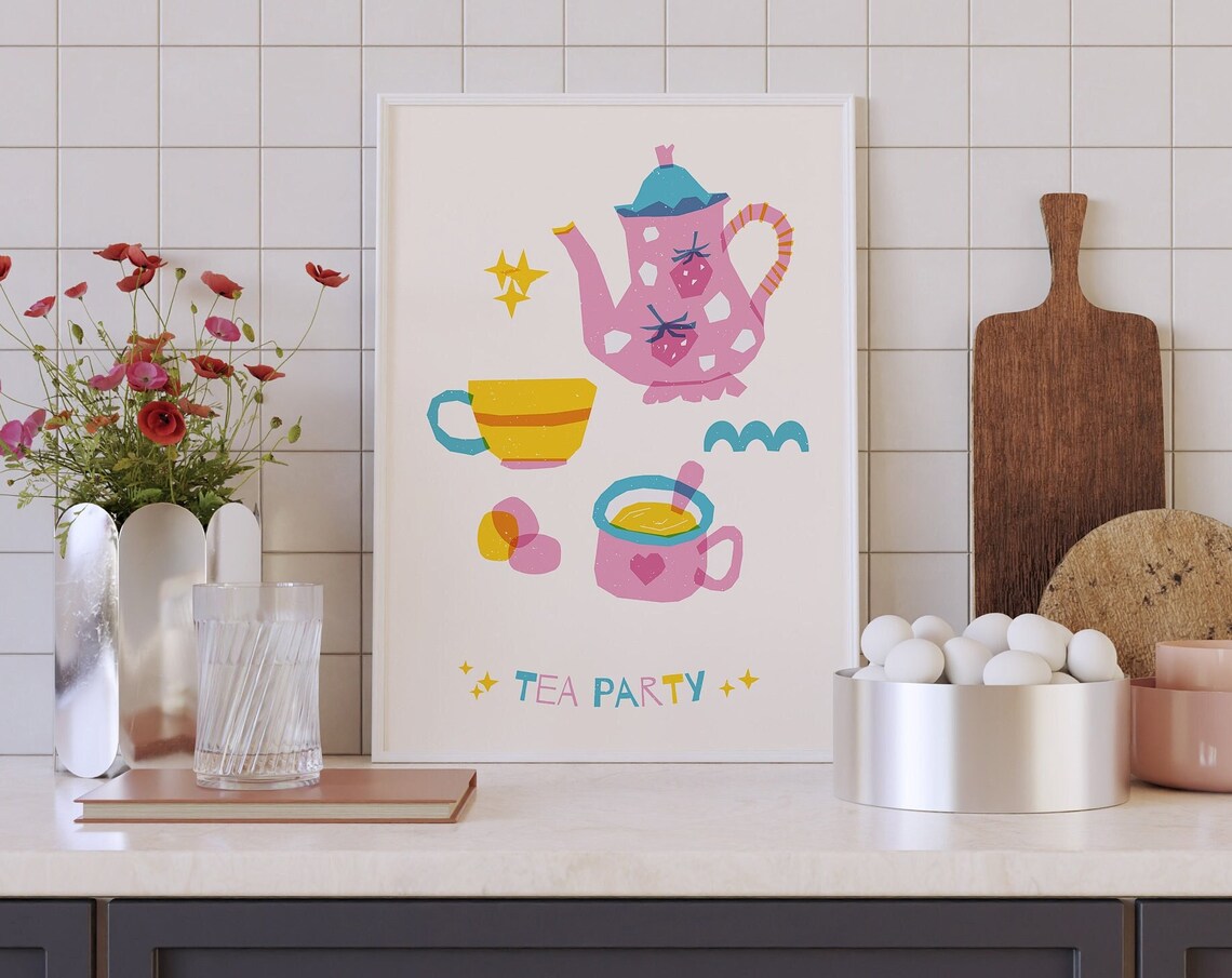 Tea Party Pink Teapot Cute Cups Kitchen Whimsical Wall Poster