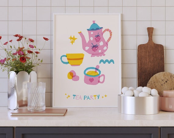 Colorful Tea Party Print Whimsical Kitchen Wall Art
