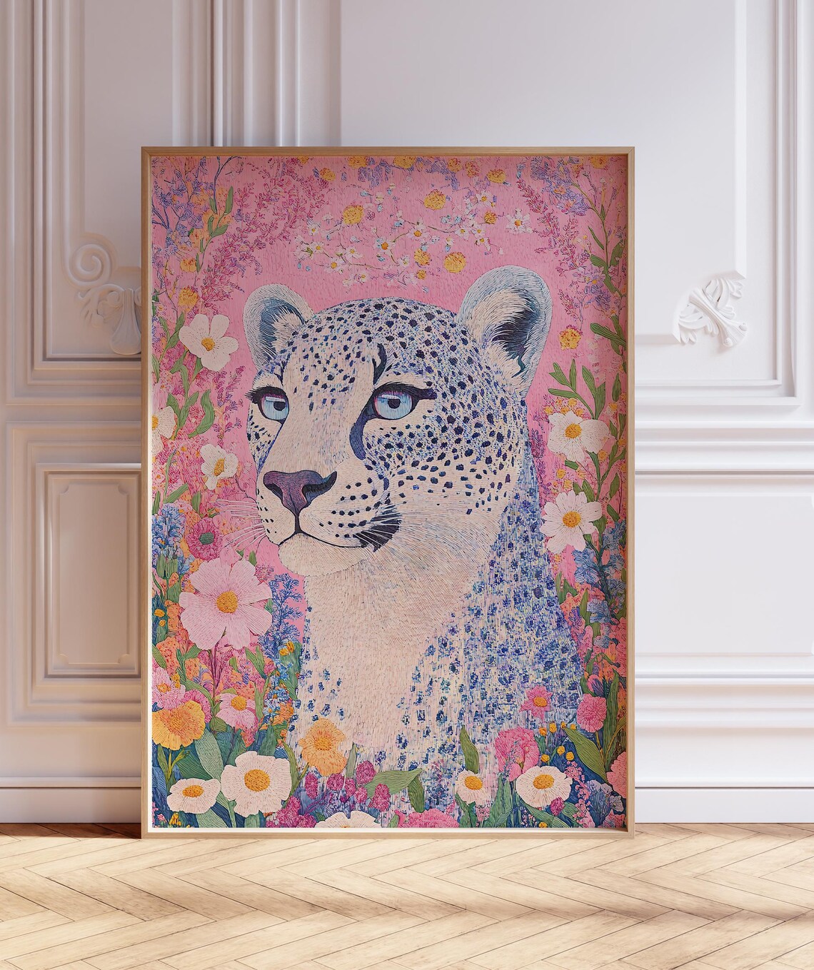 Pink Leopard Floral Maximalist Art Print