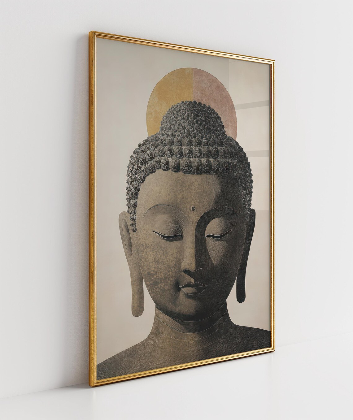 Serene Buddha Head with Golden Halo Greige Meditation Art Poster - Image 2