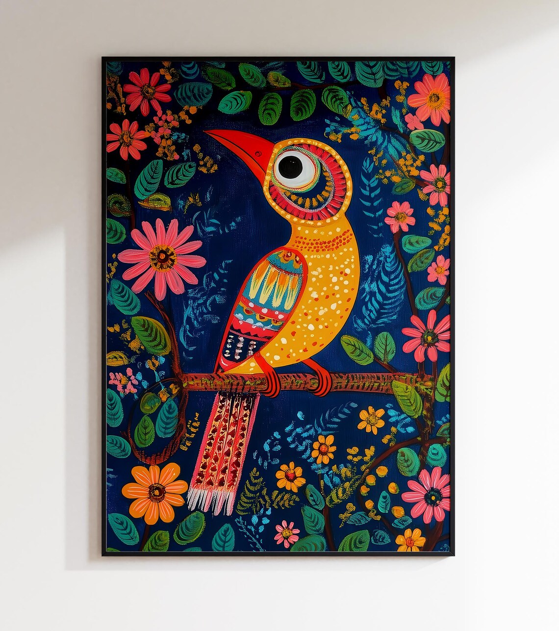 Mithila Big Eyed Bird Indian Folk Art Colorful Jungle Night Poster