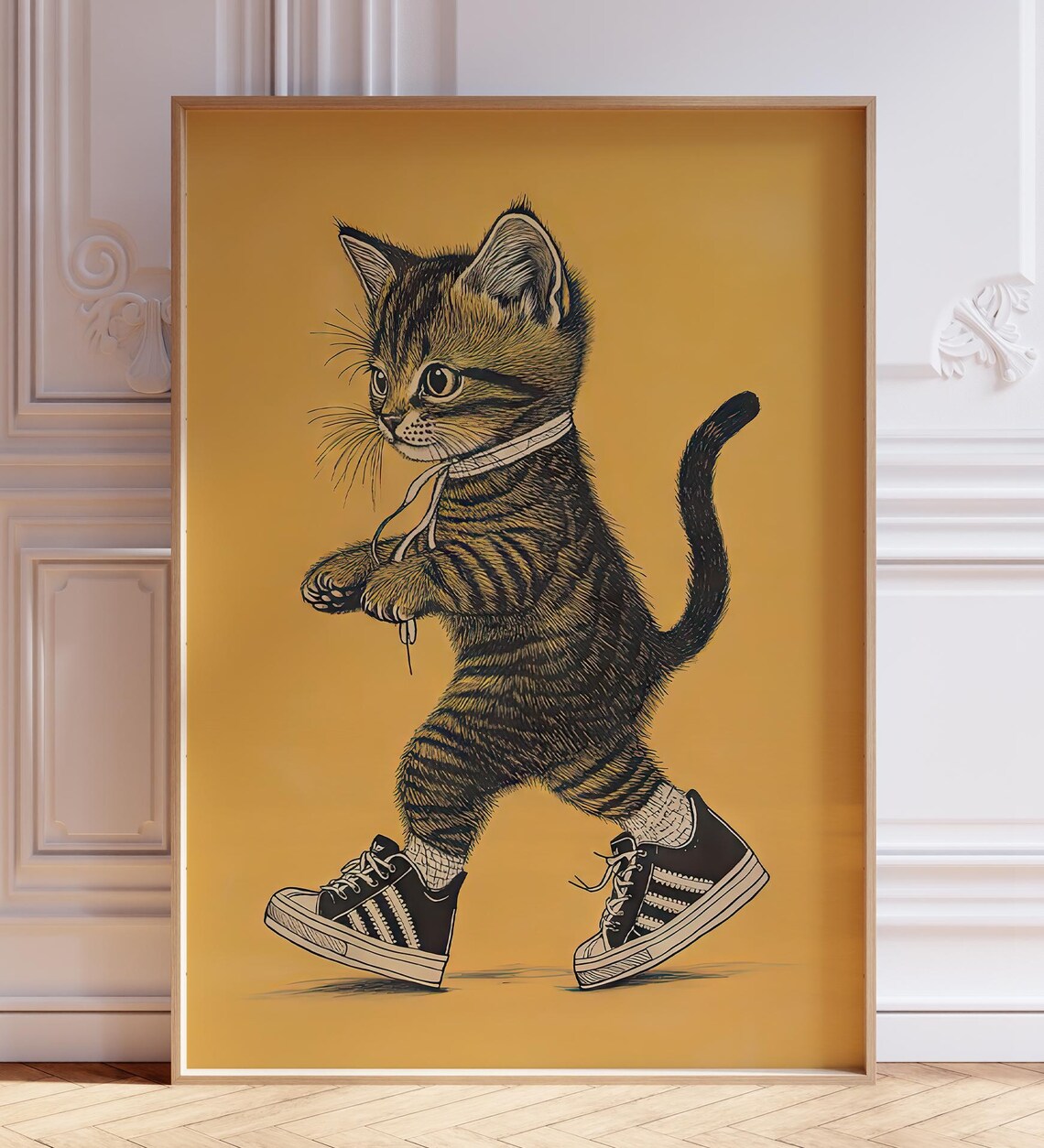 Kitten Wearing Sneakers Walking Mustard Yellow Funny Cat Poster - Image 2