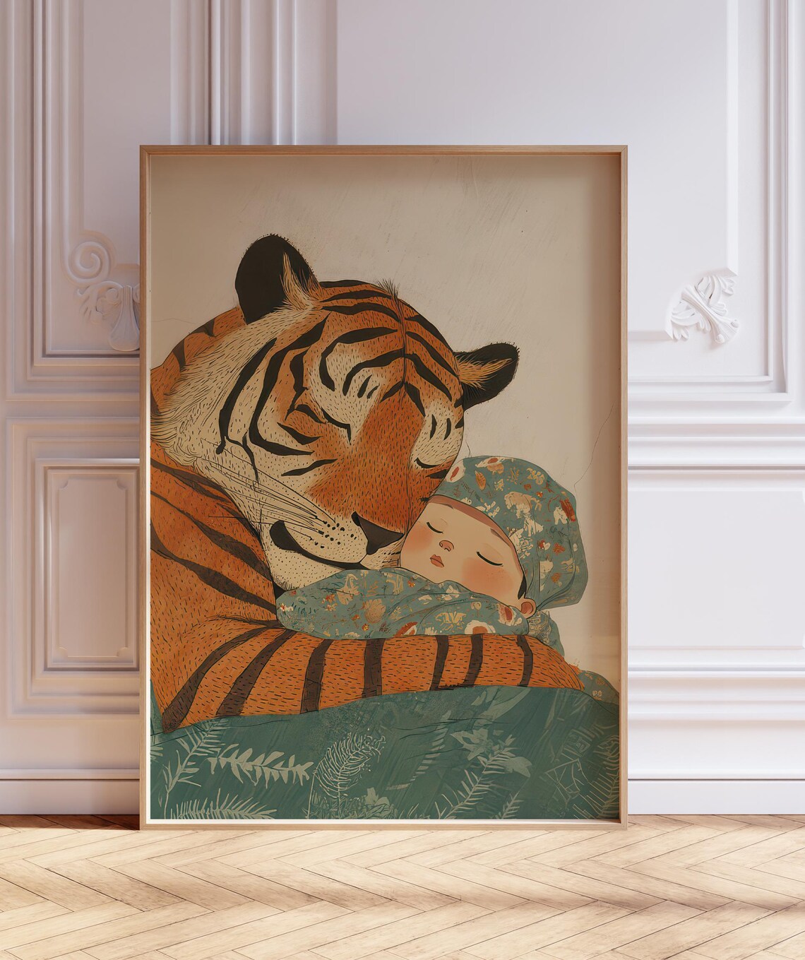 Baby and Tiger Vintage Nursery Art Print, Whimsical