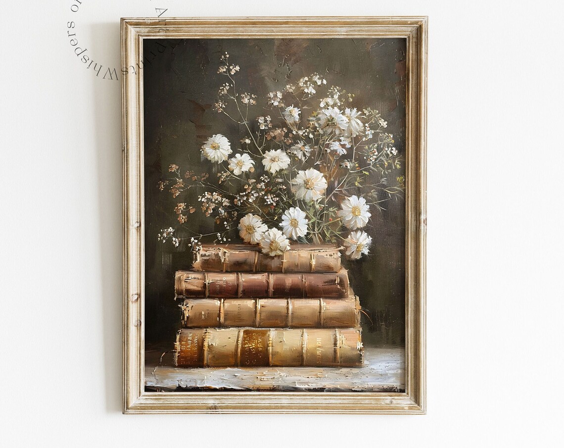 Vintage Books with White Daisies Moody Still Life Painting Poster