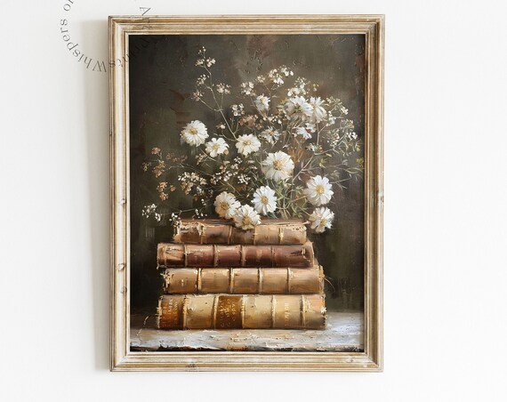 Vintage Books with White Daisies Moody Still Life Painting Poster